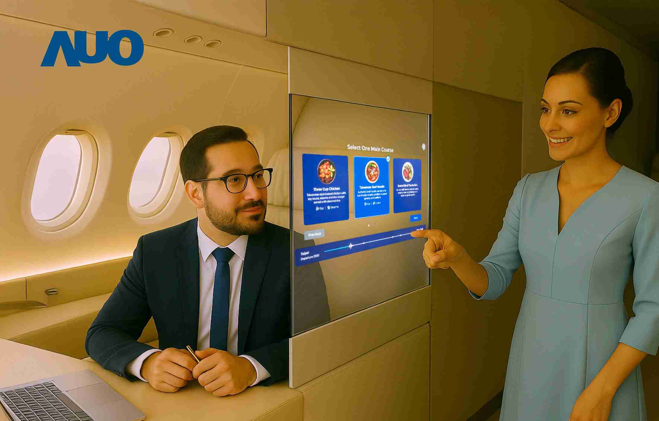 OBPay研发全球最薄17.3 吋双面透明 Micro LED 显示器，，，，可在同一屏幕之双边投射不同信息，，，创造独特的”透明化”互动；图为实时翻译交流应用情境